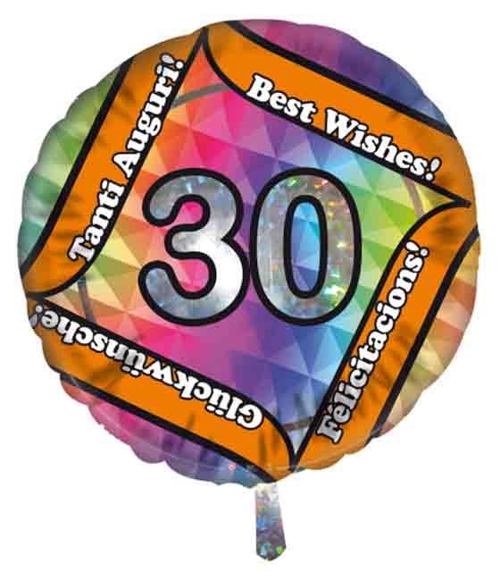 45 cm Foline-Ballon mit 30 bedruckt und Glückwünsche in verschiedenen Sprachen